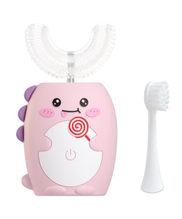 TUTULOO Electric Toothbrush for Kids 2-8 Years  IPX7 Waterproof  Easy to Clean U-Shaped Silicone Brush Head  Tooth Brush with 3 Modes for Girls(Pink) Dinosaur-pink
