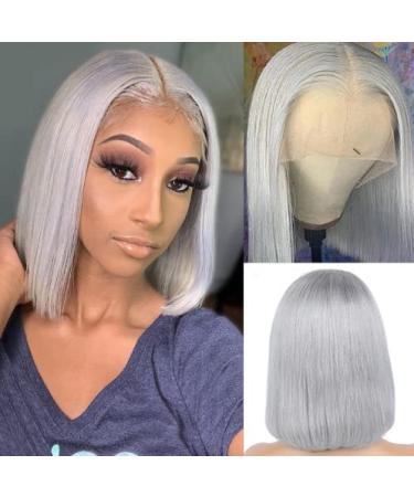 Smartinnov Grey Bob Wigs Human Hair T Part Lace Front Wigs 13x1x4 Middle Part Brazilian Remy Hair Straight for Women 8 Inch Pre Plucked Natural Hairline 180% Density Grey Frontal Short Bob Wigs 8 Inch Grey T Part 13x1x4...
