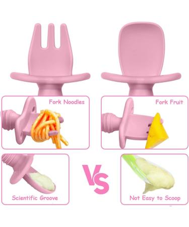 Vicloon Baby Fork and Spoon Set - 4Pcs Silicone Self Feeding Utensil for Infant Toddler, Easy Grip Cutlery Kit for Children - Red/Orange - Buy Online on GoSupps.com