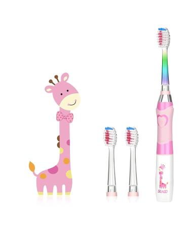 SEAGO Kids Sonic Electric Toothbrush from 3-12 Years, Soft Battery Powered Toddler Electric Toothbrush with Smart Timer, Waterproof Kids Tooth Brush with 3 Soft Brush Heads for Girls Boys, SG977 Pink