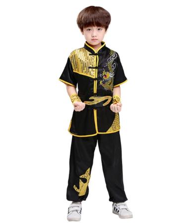 Boys Girls Kung Fu Master Tai Chi Dragon Chinese Uniform Top Shirt Pants Set Outfit 7-8 Years Black