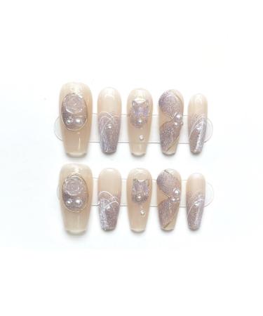 Handmade Wearing Armor Detachable Pink Heart Sparkling Cat Eyes Repeated Use of False Nails(Champagne M)