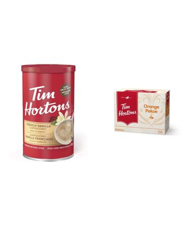 Tim Horton's Instant Cappuccino French Vanilla 16 Ounce & Orange Pekoe Tea Bags Classic Steeped Tea 108ct Pack