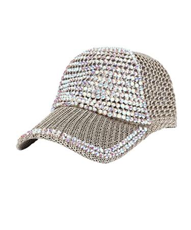 Women's Sun Cap Men Studded Rhinestone Crystals Adjustable Ponytail Mesh Baseball Cap Shiny Bling Casual Sports Khaki One Size