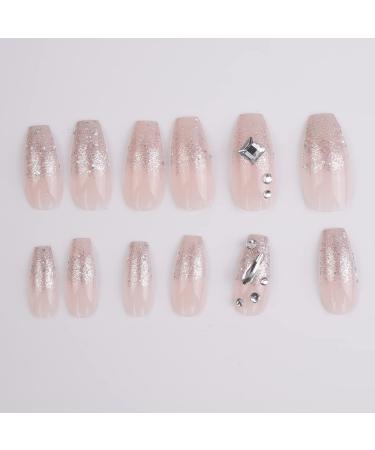 Xerling Bling Silver Glitter Press On Nails - 24Pcs Rhinestone Coffin Fake Nails | Nude False Nail Art for Women - Buy Online on GoSupps.com