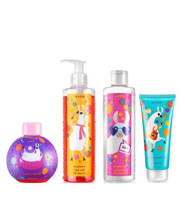Avon Llama Mama Childrens 4 piece Strawberry Scented Bathtime set - Bubble Bath Shower Gel Handwash and Handcream