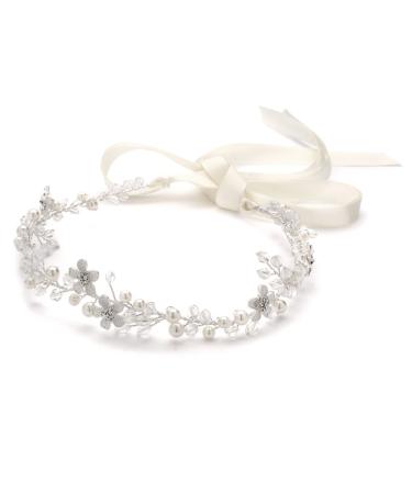 Mariell Crystal Bridal or Wedding Halo Headband with Silver Flowers  Ivory Pearls and Ivory Satin Ribbon