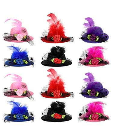 Gadpiparty 12 Pcs Mini Hat Hair Clip Hair Barrettes Small Top Hat Fascinator Hats Clip Hair Hairpin with Ribbon Flowers Faux Feather Mesh Hairpin for Kids Toddler Party Costume Accessory