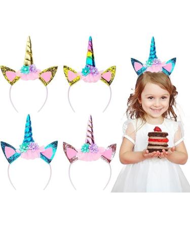 4 Pieces Unicorn Headband Girls Glitter Unicorn Horn Ears Flower Headband kids Head Bands Hair Accessory for Unicorn Theme Birthday Party Favor Supplies