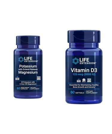 Life Extension Potassium Magnesium Heart Health Supplement Bundle with Vitamin D3 5000 IU - 60 Capsules and 60 Softgels