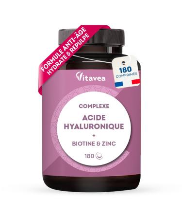Hyaluronic Acid 400 mg - High Dosage Anti Aging Anti Wrinkle Plumping - 180 Tablets - Smooth and Hydrated Skin - Enriched with Zinc Biotin and Bamboo - Made in France Vitavea