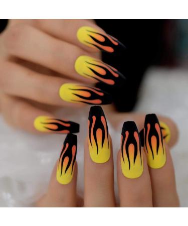 Shop Csch Extra Long Yellow Orange Ombre Fake Nails - Fire Matte Black Flames Coffin Acrylics for Women | 24 Pack Artificial Fingernails - Buy Online on GoSupps.com