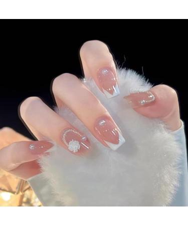 French Tip Press on Nails - Short Round Press On Nails with Nail Tips white Pearl and flower Design Glossy Naked Pink press on nails Acrylic False Nails Cute Artificial Nails - Buy Online on GoSupps.com