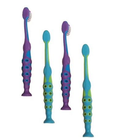 Kids 4-Pack Extra Soft Bristle Toothbrush Set with Suction Base and Travel Covers - Blue/Purple/Green - BPA Free | Toddler Boys Dental Care Kit - Buy Online on GoSupps.com