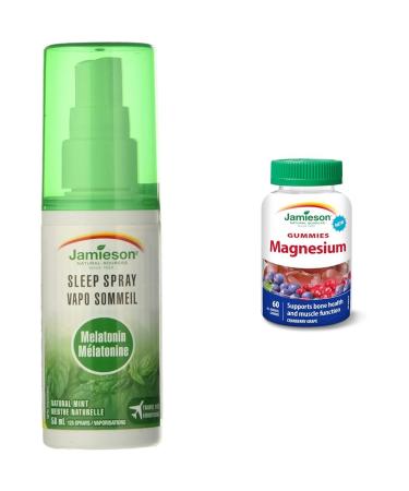 Melatonin 1 mg Sleep Spray - Natural Mint Flavour | Jamieson Magnesium Gummies - Cranberry Grape Flavour (60 Count) 1 mg + Gummies - Cranberry
