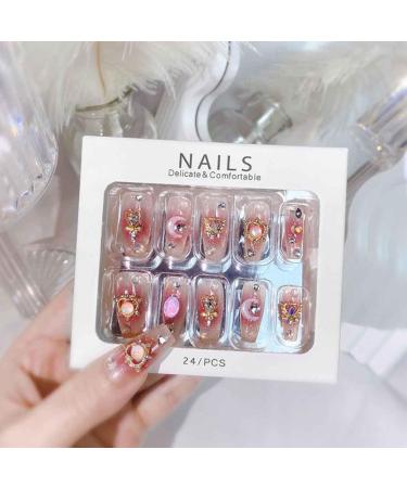 RikView Long Press on Nails - 24 PCS Pink Coffin Nails with 3D Design | Glossy Full Cover Fake Nails for Women - Buy Online on GoSupps.com