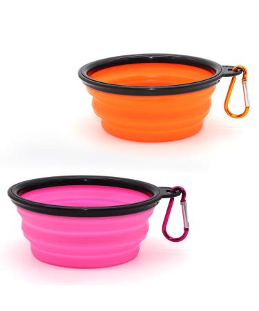 Slson 2 foldable bowl for dogs travel bowl with carabiner portable bowl for cats dogs and pets for water and food (350 ml orange and pink) 350ml orange and pink