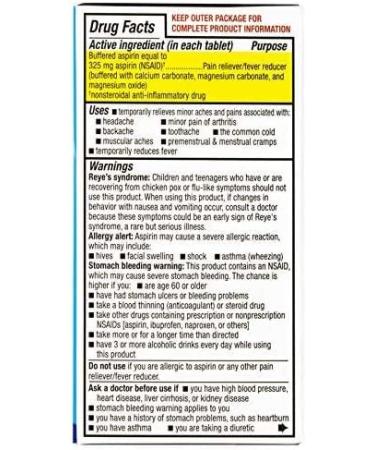 Bufferin Aspirin 325mg Coated Tablets 130 Count x3 - Pain Reliever/Fever Reducer Pack of 3 - Buy Online on GoSupps.com