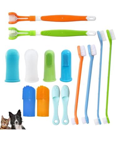 Luntskt 14 pieces of pet dog toothbrushes 2 triple head pet toothbrushes 4 double-headed toothbrushes 8 pieces finger-rubbery-toothbrushes multi-angle tooth cleaning brushes for dogs