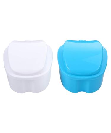 Exceart travel container 2pcs prosthesis bad case prosthesis cup with sieve wrong teeth storage box with basket net holder for travel retainer cleaning case dentures white sky-blue