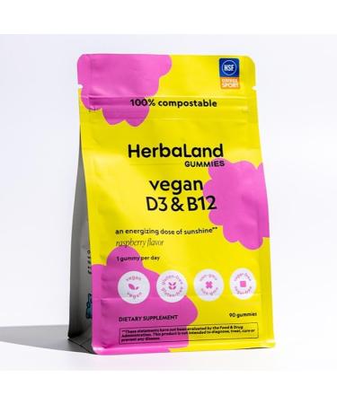 Herbaland - Vegan Vitamin D3 B12 Gummies Vitamins for Immune System Energy and Mood Sugar-Free Rich in Vitamin D and Vitamin B12 Raspberry Flavor 2.2 Grams