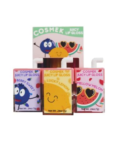 Cosmek Juicy Lip Gloss   Fruit Scented (Watermelon  Lemon  Mixed Berries)  Slight Tint  Glitter Shimmer Lip Gloss | Vegan  Cruelty-Free  Gluten-Free  Made in USA | Cool Unique Gifts  Stocking Stuffers  or Party Favors fo...