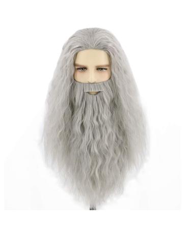 Topcosplay Wig and Beard Men's Long Grey Wig Cosplay Wizard Sorcerer Prophet Wig for Carnival Halloween Costume