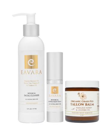 Eavara Cleanser Night Cream & Tallow Balm Set Ultra-Hydrating Skincare Trio with Grass-Fed Tallow Retinol Aloe Vera and Shea Butter Gently Cleanses Deeply Moisturizes & Nourishes Overnight