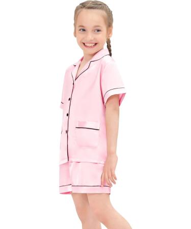 SWOMOG Kids Satin Pyjamas Set - Button-Down Silk Pjs Short Sleeve Lounge Set - 10-11 Years - Pink - Buy Online on GoSupps.com
