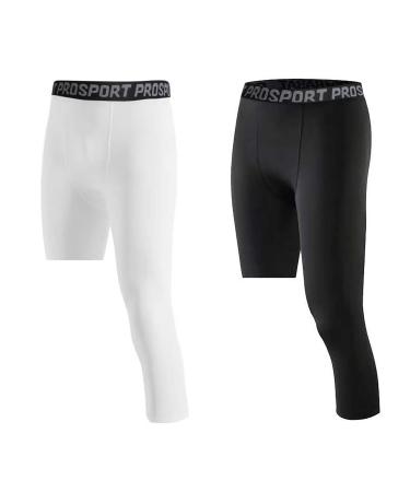 2 Pack Mens Compression Pants One Leg 3/4 Capri Tights Leggings Athletic Base Layer for Gym Running Basketball White+black (Left 3/4) Large
