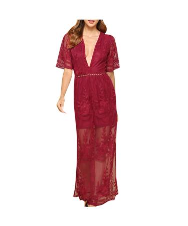 Women's Lace Maxi Dress Sexy Floral Hollow Out V Neck Short Sleeve Empire Waist Plain Long Evening Party Dress Split|wine Large