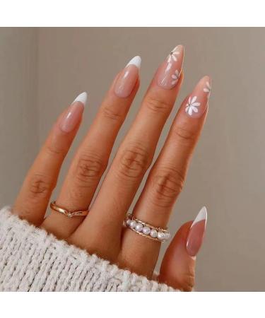 BSLVWG 24 pieces almond press on nails short multi -colored French stick on nails with wave patterns nude swirl false nails short for women oval artificial nails with glue for nails art (09)
