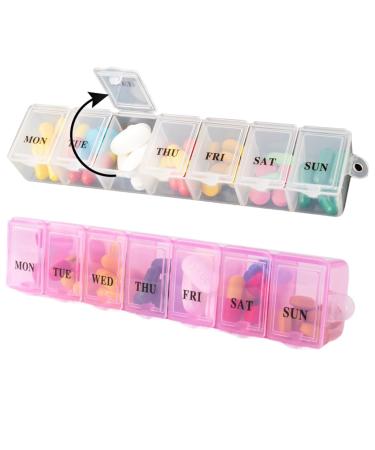 2 Pack Pill Box Weekly Pill Organizer White & Pink - Daily Pill Organizer 7 Days One-Time-A-Day Easy to Open Lids Pop Up Compartments Portable for Travels - Safe Material by December Springs Multicolor