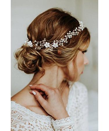 Kercisbeauty Handmade Boho Bridal Bridesmaids Flower Girls White Flower and Pearl Headband Vine Spring Headpiece Hair Vine Bridal Accessories Vintage Rustic Wedding (Silver)