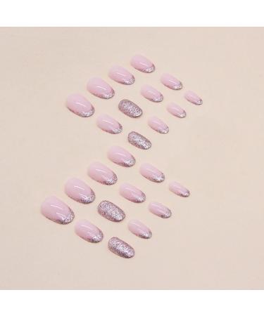 Justotry 24 Pieces Pink Glitter Almond Nails - Press-On Faux Nails for Women - Short Pink French & Oval Artificial Nails - Buy Online on GoSupps.com