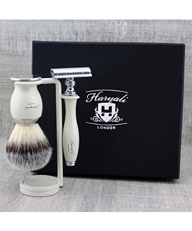 Classic Shaving Set in Ivory Color: Men's Grooming Essentials Synthetic Brush & DE Safety (Blades NOT Included) & Stand