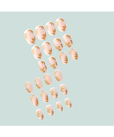 Buy Short Almond Press On Nails | Glossy Gold Leaves Design | Reusable Full Cover Acrylic Fake Nails - 24Pcs - Buy Online on GoSupps.com