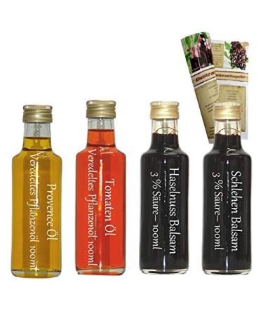 Oil/vinegar gift set & trial set |2 x 100ml vinegar + 2 x 100ml oil |Tomato oil - Provence oil - Haselnut balm - Sloe Balam |With recipe brochure