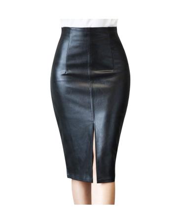 Sanahy Women's Faux Leather Skirt High Waisted Stretch Split Lady's Half Body Midi Hip Skirt Bodycon Skirt Slim Fit Pencil Skirt M Black