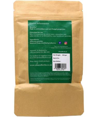 Oils and Herbs UK Clean Organic Aleovera Powder - Aloe barbadensis Miller -100% Pure and Natural (100) 100.00 g (Pack of 1) - Buy Online on GoSupps.com