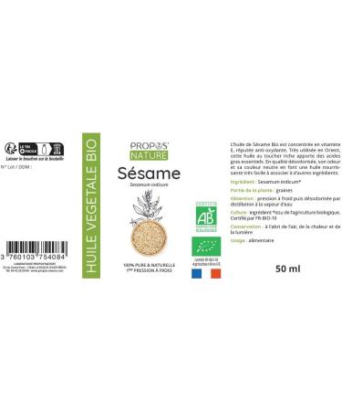 Organic sesame oil - 100% pure and natural - 50 ml - PROPOS'NATURE - Buy Online on GoSupps.com