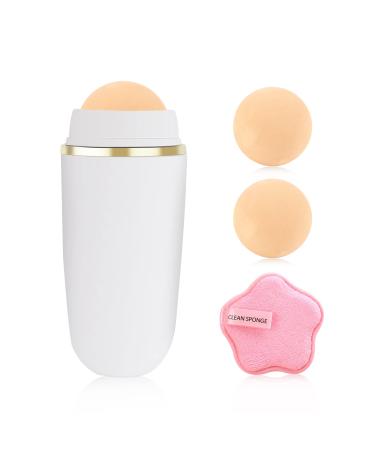 Oil Control On The Go, Oil Absorbing Volcanic Roller with Two Replaceable Volcanic Ball and Cleaning Sponge, Reusable Portable Oil Control Roller, Oil Control Blotting Tool White