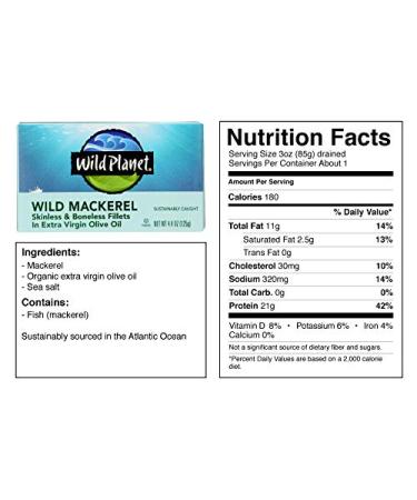 Wild Planet Wild Mackerel Fillets in Organic Extra Virgin Olive Oil | Skinless & Boneless | 4.4 oz (Pack of 12) | Mercury Tested - Buy Online on GoSupps.com