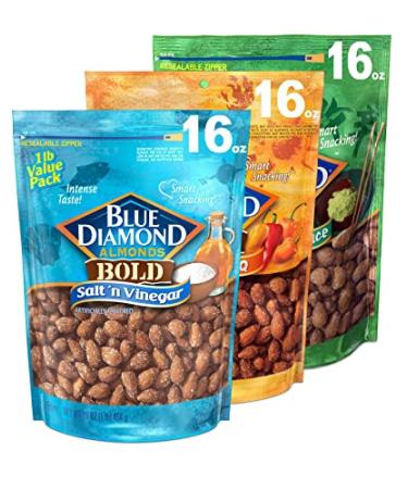 Blue Diamond Almonds Bold Variety Pack - Salt N' Vinegar Habanero BBQ and Wasabi & Soy Sauce Flavored Snack Nuts 16 Oz Resealable Bags (Pack of 3)