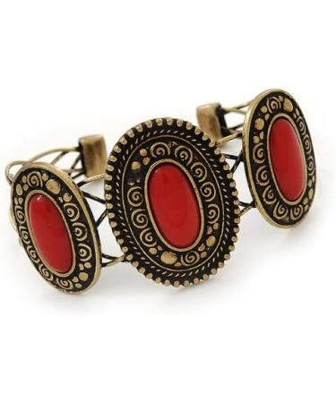 Avalaya Vintage Burn Gold Hammered Cuff Bangle with Red Stones | Adjustable Bracelet - Buy Online on GoSupps.com