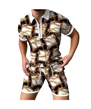 NaRHbrg Men's 2 Piece Outfits Hipster Printed Zipper Polo Tee Shirt and Shorts Set Sports Tracksuits Casual Sweatsuit Set 03#yellow Medium
