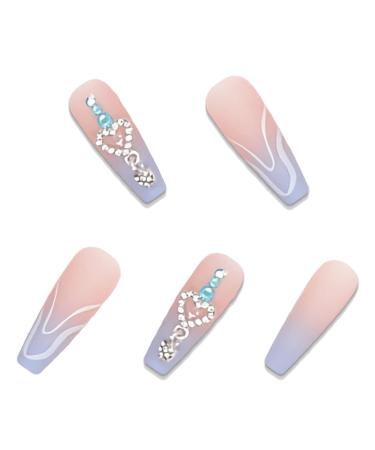 BABALAL Blue Long Coffin Press on Nails with Rhinestones Heart Design - Matte Glue on Acrylic Ballerina Nails for Women and Girls - Buy Online on GoSupps.com