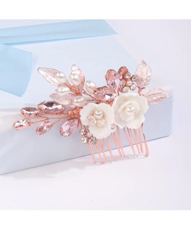 Missgrace Bride Wedding Crystal Pearl Leaf Rhinestones Hair Comb - Rose Gold Pink - Buy Online on GoSupps.com