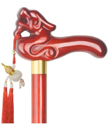 Wooden Cane Solid Walking Stick Walking Stick Cane Creative Carving Handle Red Wooden Crutch for Women Old Man Mobility Aid Costume Party Accessory for Elderly Seniors