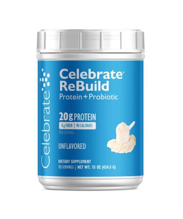 Celebrate Vitamins Rebuild Protein Powder with Probiotics & Prebiotics - 20g Whey Isolate Protein High Fiber for Post Bariatric Surgery Patients - Unflavored (15 Servings)